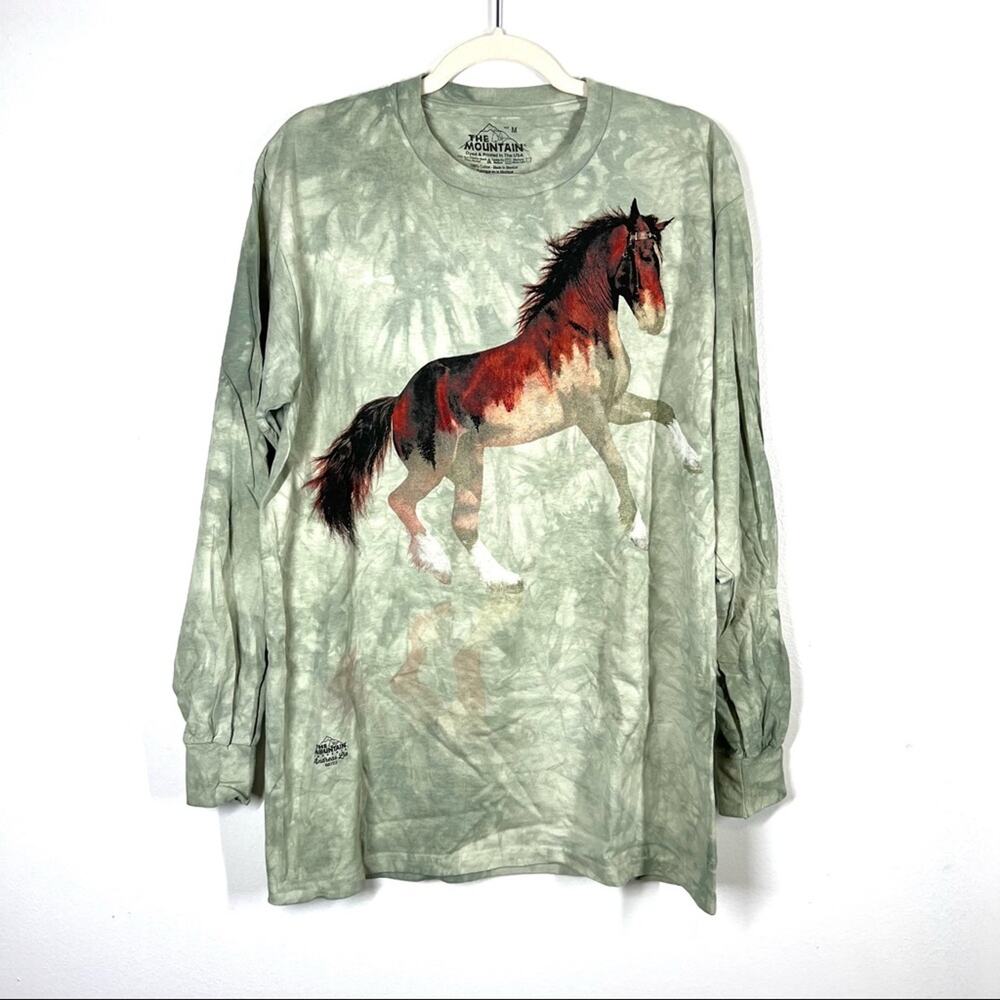 THE MOUNTAIN Y2K Horse Long Sleeve Graphic Tee Green Tie Dye Medium Vintage M